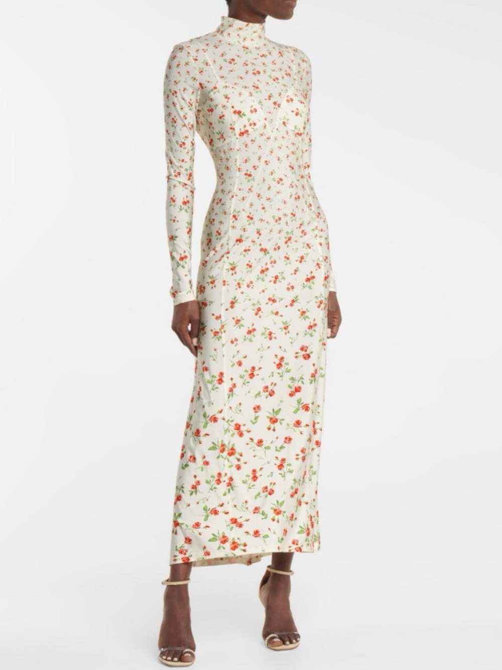 Paco Rabanne Paneled Floral-Print Mock Neck Long Sleeve Maxi Dress